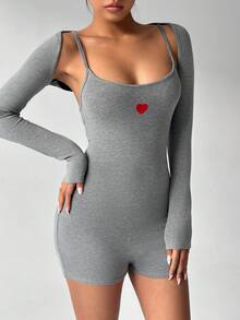 SHEIN Unity 2pcs Women Grey Embroidered Knitted Thermal Jumpsuit, Suitable For Daily, Party, Commute, Casual Wear, Autumn/Winter - Grey - View 4