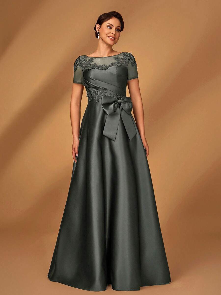 Serin 优雅奢华浪漫咖啡色网眼拼布缎面褶饰奢华串珠贴花短袖蝴蝶结 A 字下摆连衣裙，适合晚会、约会、度假、舞会、婚礼、新娘妈妈礼服 - 灰色 - 查看 1