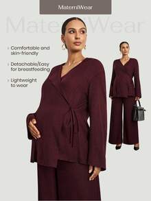 MaterniWear 办公室,商务休闲女装,秋装,孕妇装秋装孕妇装纯色系带上衣和裤子套装孕妇装两件套孕妇装秋冬套装女式阔腿裤套装女式裤子套装孕妇装孕妇裤套装 - 酒紅色 - 查看 5