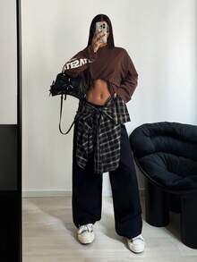 StreetHx Women's Casual Vacation Street Dance Style Patchwork Plaid Elastic Waist Straight Leg Jeans - Black - View 6