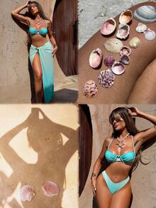 Swim SXY Conjunto de 3 piezas de traje de baño de mujer para vacaciones de verano, con falda de malla trenzada, estampado degradado y diseño informal - Multicolor - Ver 3