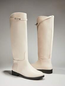 SHUZIA Women Lock Decor Flat Basic Elegant Sexy Casual Everyday Comfort PU Knee-High Boots For Christmas