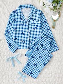 Genkimix Kids 女学生睡衣套装，可爱蝴蝶格子印花长裤和开衫，长袖休闲两件套家居服，适合青少年女孩 - 彩色 - 查看 4