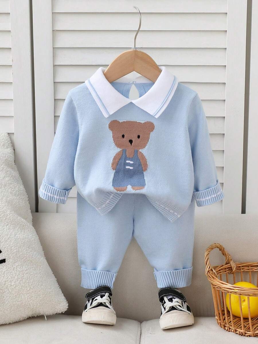 SHEIN Playful Pals Bộ 1 áo len cho bé trai, áo len chui đầu cổ polo dễ thương thời trang, dài tay + quần dài dệt kim, mềm mại và thoải mái, thích hợp cho mùa xuân/thu, thích hợp để mặc hàng ngày, đi chơi, du lịch, nghỉ dưỡng, ở nhà, nhà trẻ và vui chơi cho trẻ em - Màu xanh lam - Xem 1