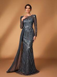 Serin Elegant Luxurious Beaded & Sequin Floral Sheer Sleeve Mermaid Dress With Side Slit, Suitable For Wedding, Party, Vacation, Prom, Mother Of The Bride Evening Gown - Dark Grey - View 5