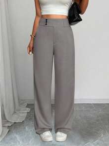 SHEIN PETITE 娇小女款休闲直筒高腰裤，秋冬季