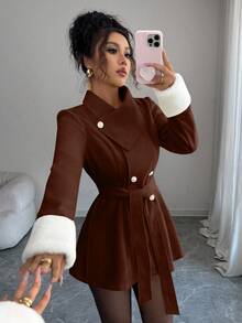 Elenzga Thiết kế cổ áo bất đối xứng dành cho nữ với cổ tay áo lông, eo thắt eo, áo khoác ngoài thanh lịch cho việc đi lại hàng ngày - màu nâu - Xem 4