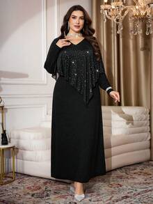 Modelyn Plus Size Elegant Party Sequin Patchwork Dress - Black and White - View 5