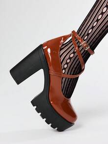 ROMWE Goth 女士闭趾交叉绑带玛丽珍鞋，朋克哥特厚底厚跟绑带搭扣JK制服鞋，防水正式工作高跟鞋 - 棕色 - 查看 3