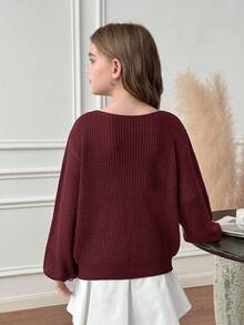 SHEIN Serisse Kids 少女纯色不对称领口长袖毛衣，适合秋冬季节和返校季穿着 - 酒紅色 - 查看 2