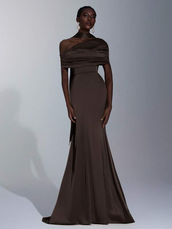 Elitara Elegant, Romantic, Sexy, Fashionable, Green, Stretch Satin, Fishtail Hem, Trailing, Influencer, Holiday, Vacation, Birthday Party, Wedding Event, Bridesmaid Dress