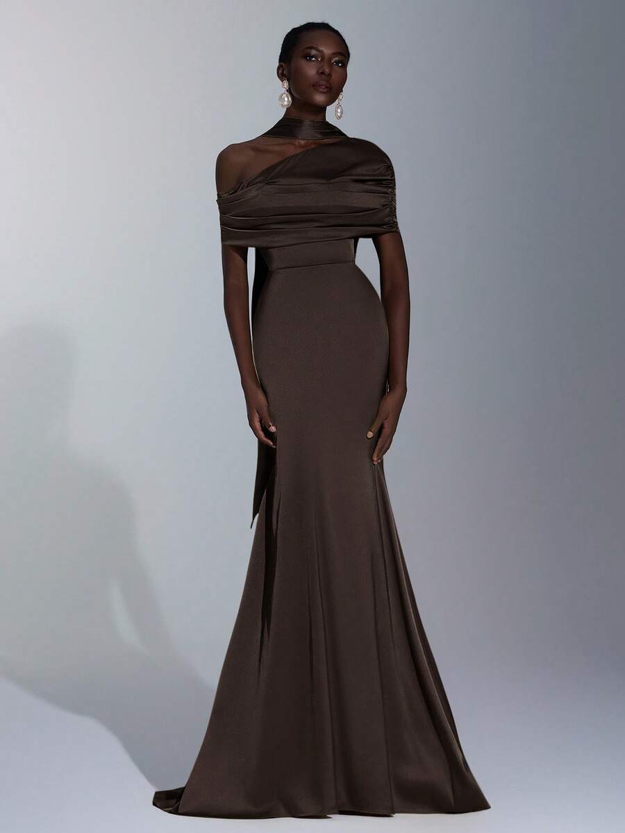 Elitara Elegant, Romantic, Sexy, Fashionable, Green, Stretch Satin, Fishtail Hem, Trailing, Influencer, Holiday, Vacation, Birthday Party, Wedding Event, Bridesmaid Dress - Coffee Brown - View 1