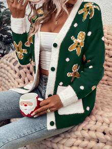 LanaWest Women's Colorblock V-Neck Drop Shoulder Gingerbread Man Jacquard Knit Cardigan - Green - View 5