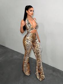 SHEIN SXY 时尚性感紧身露背动物纹镂空连体裤 - 彩色 - 查看 4