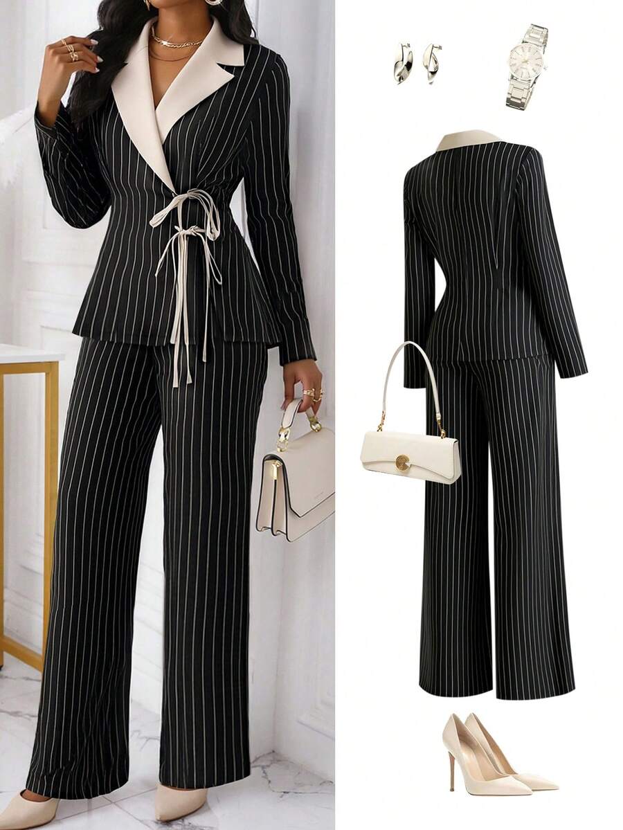 Xyvia 女士休闲/办公优雅条纹系带西装外套和裤子套装，秋冬款 - 黑色 - 查看 1
