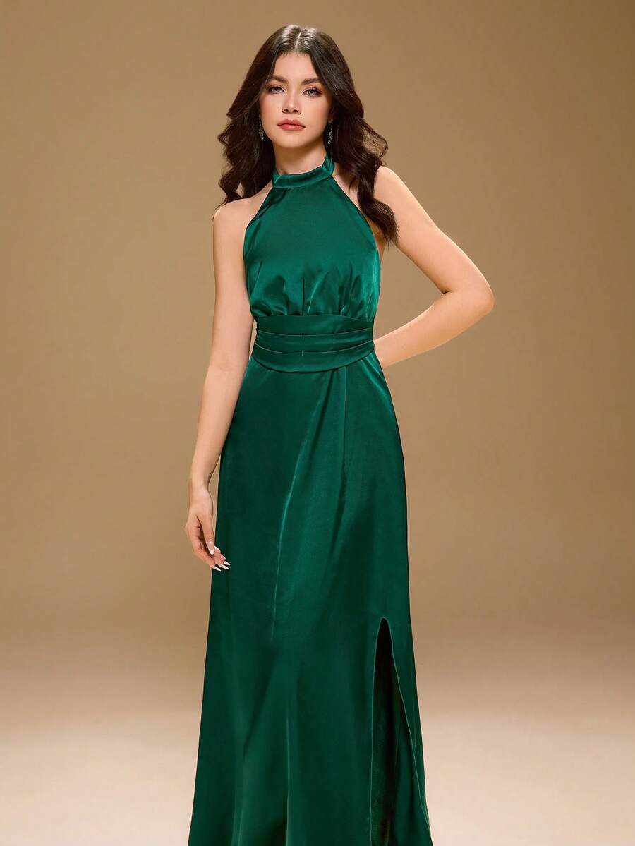 Váy dài xẻ cao bằng vải satin, thắt eo, váy dạ hội cho thiếu nữ/phụ nữ trẻ, thích hợp cho đám cưới, tiệc tối, sinh nhật, Giáng sinh, Halloween, vũ hội - Màu xanh lá cây đậm - Xem 1