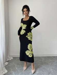 Elenzga Gaun Sweater Bodycon Rajut Jacquard Leher Persegi - Mint Green - View 4