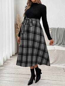 SHEIN Váy xếp ly cổ vuông tay raglan họa tiết caro thanh lịch dành cho bà bầu - Nhiều màu - Xem 7