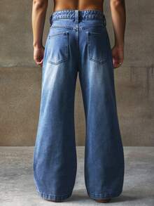 AXEPEAK 男士休闲通勤水洗阔腿牛仔裤 - 藍色 - 查看 2