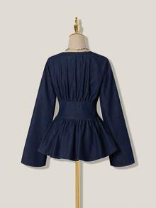 SHEIN MOD 女士V领喇叭袖腰带扣设计休闲牛仔衬衫 - 深色水洗藍 - 查看 2