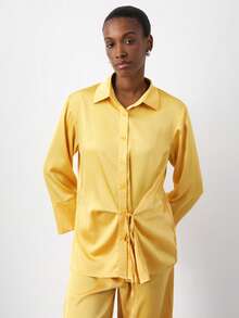 Maija 2pcs Women's Solid Color Drop Shoulder Long Sleeve Front Button Fashionable Shirt Set