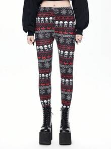 ROMWE Gothic Style Christmas Skeleton, Bat, Spider Web, Snowflake, Iris Flower Print Women Elastic Leggings - Black - View 4
