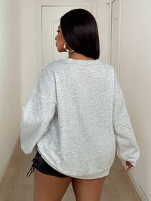 Maweii Sweat-shirt ample pour femmes grande taille, col rond, épaules tombantes, manches longues, coupe ample, décontracté, ajouré - Gris pâle - Voir 6