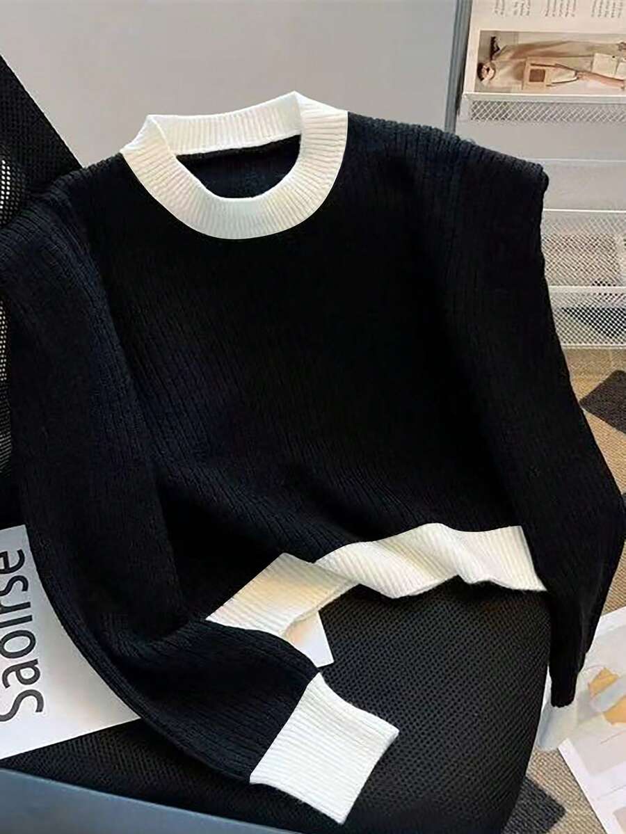 SHEIN 女士圆领撞色长袖毛衣，秋冬季 - 黑色 - 查看 1