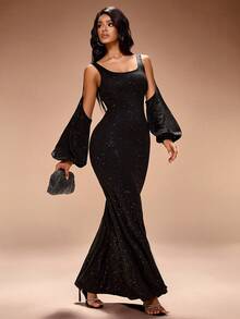 Radiana Women's Sexy Elegant Luxurious Black Glitter Fabric Dress, Off-Shoulder Long Sleeve Mermaid Maxi Dress, Shawl Sleeve Long Dress, Formal Gown, Black Backless Dress, Party Dress, Suitable For Dates, Gatherings, Banquets, Cocktail Parties, Birthdays, Clubs, Christmas, New Year's Eve, Formal Occasions,Valentine's Day,Date Night,New Year's Eve ,Party - Black - View 1