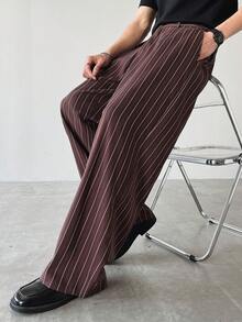 Manfinity Hypemode Quần ống đứng sọc túi chéo thường ngày cho nam, màu nâu đỏ - Cà phê nâu - Xem 6