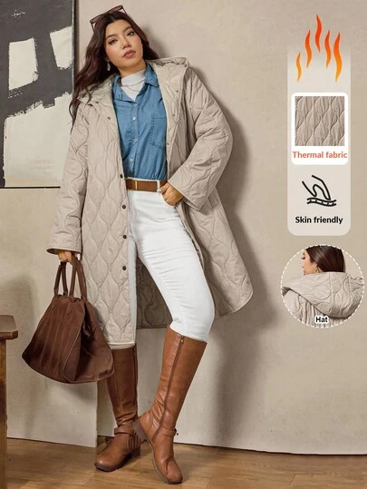 Zelara 大码加厚羽绒服，时尚连帽秋冬女装单排扣长款休闲外套，冬季圆下摆绗缝外套，防寒保暖冬装，女士秋季外套，复古风女式冬装外套，简约时尚新年感恩节女装，秋季女式外套，绗缝女式外套，女士秋季外套，女士西部风格女式秋冬保暖毛领连帽外套