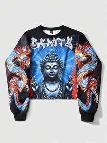 ROMWE MEN Street Life Men's Fashionable Printed Crew Neck Long Sleeve Pullover Sweatshirt - Black - View 4