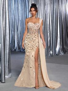 Glamrae Elegant Luxurious Embroidered Sequin Lace Satin Splice Slit Fishtail Formal & Evening Dress With Side Drape,Suitable For Weddings,Parties,Balls - Apricot - View 6