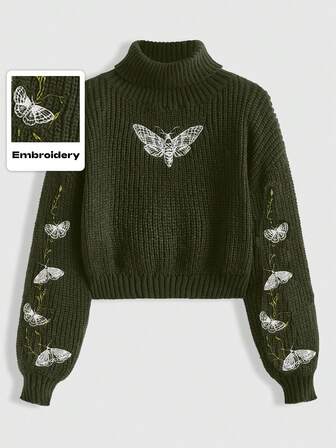 Plus Size Gothic Moth & Butterfly Vine Embroidery Olive Green Pullover Sweater, Autumn/Winter Women Plus Size Sweater