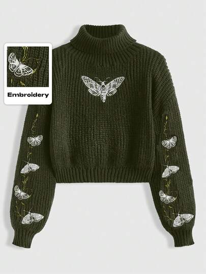 Plus Size Gothic Moth & Butterfly Vine Embroidery Olive Green Pullover Sweater, Autumn/Winter Women Plus Size Sweater