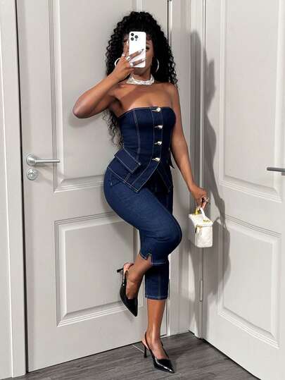 Slaydiva Women's Y2K Single-Breasted Fitted Denim Camisole Top