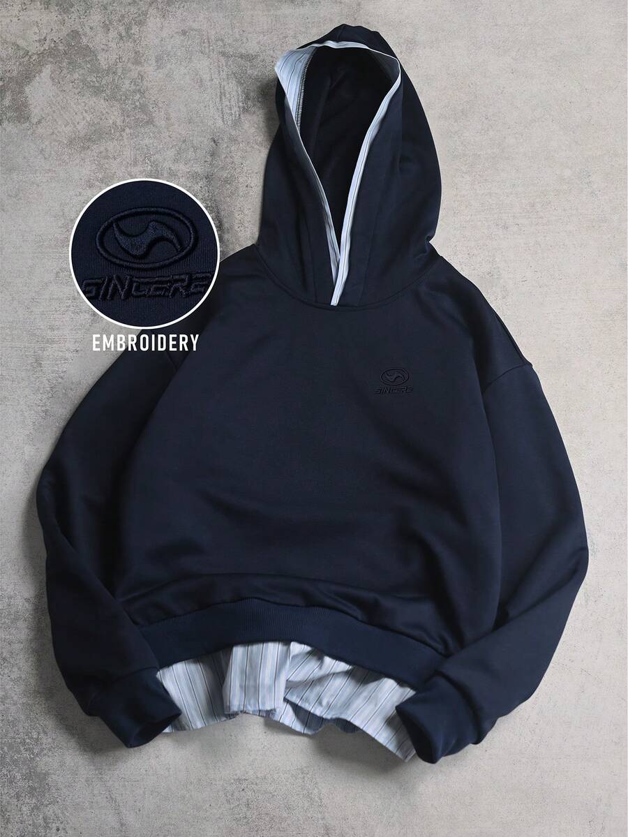 Manfinity Homme 男士刺绣长袖休闲连帽卫衣，海军蓝，高品质，街头风，刺绣，男士连帽衫 - 藏蓝色 - 查看 1