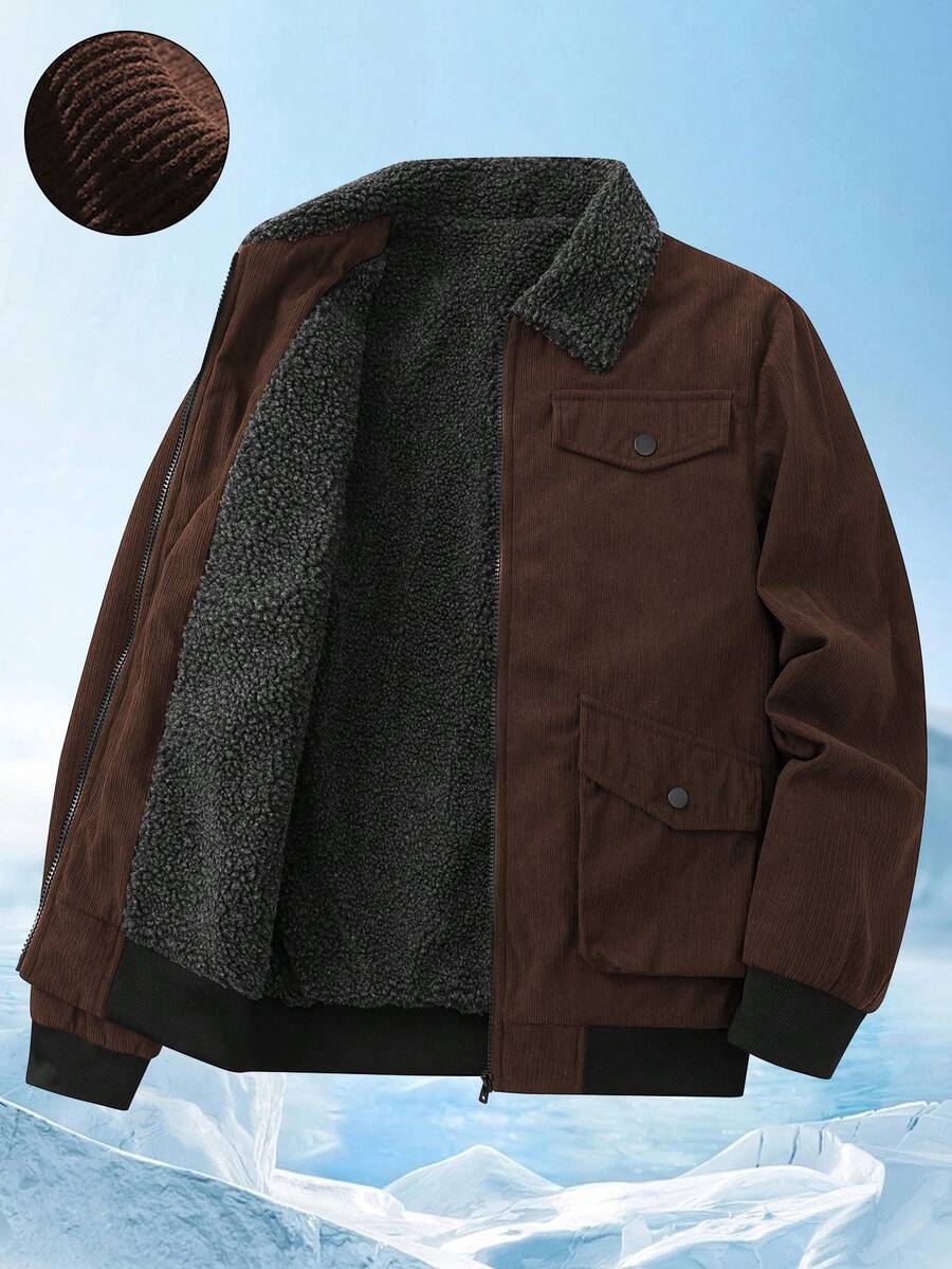 Manfinity Homme 男士休闲翻领拉链宽松抓绒长袖外套 - 咖啡棕 - 查看 1