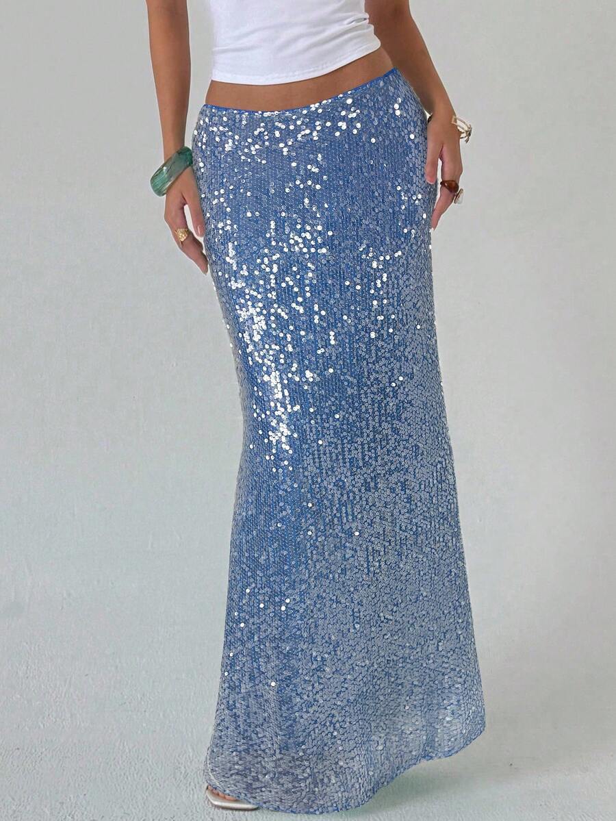 Aloruh Nouvelle jupe longue jusqu'au sol style Y2K brillante avec sequins, minimaliste et sexy. Tenue de soirée, de club, de festival de musique polyvalente à taille basse et ajustée - Bleu marine - Voir 1