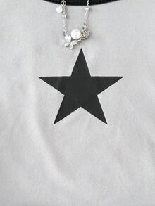 Tween Girl Raglan Sleeve Colorblock Star Print Long Sleeve Round Neck T-Shirt, Back To School Tee, Streetwear Casual Tee, Fitted Ruched Curved Hem Cropped T-Shirt Tops Cute Black And White Tops For Teen Girls Teen Girl Baseball