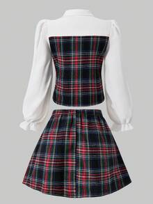 少女格子领泡泡袖开衫搭配松紧腰百褶裙，学院风，适合春、秋、冬季穿着。