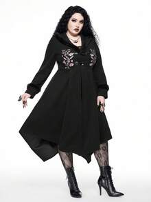 ROMWE EDITION 哥特式荆棘丛林花卉蝴蝶刺绣不对称下摆修身毛领纽扣长款黑色外套，花卉蝴蝶刺绣加大码黑色长款外套 - 黑色 - 查看 8