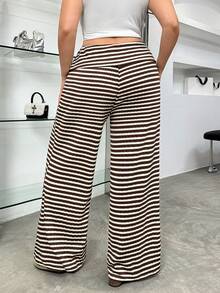 SHEIN EZwear 大码女式条纹阔腿宽松休闲裤 - 彩色 - 查看 2