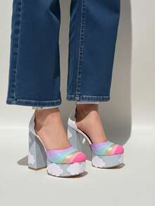 Mujer tacón alto arcoíris punta redonda estilo festivo plataforma primavera-verano - Blanco - Ver 2