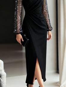 Balvessa 女士修身腰部拼接银箔网纱袖连衣裙