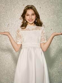 Satin Lace Patchwork Embroidered Mesh Dress, High-End White Formal Dress For Tween Girl - White - View 7