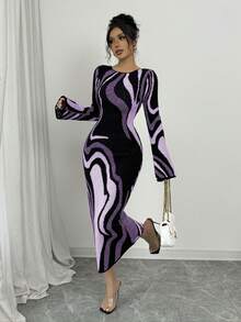 Elenzga Women's Fashion Casual Color Block Bodycon Waist Dress - Mauve Purple - View 4