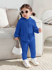 SHEIN 2pcs Baby Girl High Stretch Textured Ribbed Thermal Lined Hoodie Sweatshirt And Jogger Pants Tracksuit Set, Versatile All-Match For Winter - Blue - View 3