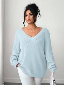 SHEIN Tall CURVE Plus Size Casual V-Neck Raglan Long Sleeve Pullover Sweater - Baby Blue - View 3
