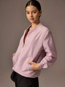 少女纯色长袖拉链棒球领夹克 - 粉色 - 查看 5